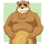  anthro bear belly blush brown_body brown_fur clothing covering covering_crotch embarrassed eyebrows eyewear fur glasses hat headgear headwear hi_res lifewonders male mammal moobs nude overweight straw_hat thick_eyebrows tokyo_afterschool_summoners volos yaki_atsuage 