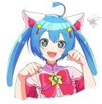  1boy 1girl absurdres ahoge animal_ears aqua_eyes blue_hair blue_nails bow bowtie cat_ears closed_eyes fingernails flag gem hair_ornament hands_up hatsune_miku highres holding holding_flag long_hair looking_at_viewer open_mouth paw_pose pink_bow pink_bowtie project_sekai short_hair simple_background smile solo_focus star_(symbol) star_hair_ornament taro14_tea teeth tenma_tsukasa twintails upper_body upper_teeth_only vocaloid white_background wonderlands_x_showtime_(project_sekai) wonderlands_x_showtime_miku 