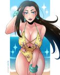  1girl artist_name battle_tendency black_hair blue_eyes bracelet breasts cleavage commentary dangerousbride english_commentary hand_in_own_hair hand_on_own_thigh highres jewelry jojo_no_kimyou_na_bouken large_breasts leaning_forward lisa_lisa long_hair ocean one-piece_swimsuit parted_lips purple_lips smile solo sparkle swimsuit yellow_one-piece_swimsuit 