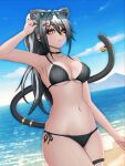  absurd_fox absurdres alternate_costume animal_ears arknights bare_shoulders beach breasts cat_ears cat_girl cat_tail choker grey_hair hand_up highres large_breasts long_hair looking_at_viewer open_mouth ponytail schwarz_(arknights) solo sunglasses swimsuit tail yellow_eyes 