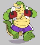  2023 alligator alligatorid anthro bottomwear boxing_gloves brok_(character) brok_the_investigator clothing crocodilian eyes_closed green_body handwear hi_res male moobs overweight overweight_male reptile scalie shorts simple_background solo syncrotrace towel towel_around_neck walking 