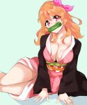  1girl absurdres aikatsu! aikatsu!_(series) alternate_costume bamboo bit_gag blush breasts cosplay eine_(ein-faust) gag highres japanese_clothes kamado_nezuko kamado_nezuko_(cosplay) kimetsu_no_yaiba kimono large_breasts legs looking_at_viewer obi oozora_akari orange_hair pink_eyes pink_kimono pink_ribbon ribbon sash solo 