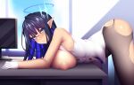  1girl black_hair black_pantyhose blue_archive blue_eyes colored_inner_hair eyeliner fi-san from_side glasses gloves halo looking_at_viewer makeup monitor multicolored_hair nipples pantyhose pointy_ears revision rin_(blue_archive) smile sweat torn_clothes torn_pantyhose 