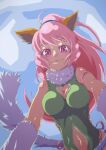  1girl animal_ears breasts cat_ears cat_tail closed_mouth clothing_cutout gloves highres kaien_advance leotard long_hair looking_at_viewer navel navel_cutout perisie_(star_ocean) pink_hair ponytail smile solo star_ocean star_ocean_first_departure tail 