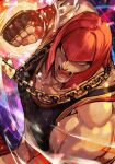  1girl blue_eyes chain clenched_hand fingerless_gloves gloves gold_chain hungry_clicker incoming_attack incoming_punch marisa_(street_fighter) muscular muscular_female punching red_hair short_hair solo sports_bra street_fighter street_fighter_6 