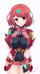  1girl black_gloves breasts chest_jewel covered_navel fingerless_gloves gloves hand_up highres kasai_shin large_breasts light_blush looking_at_viewer pyra_(xenoblade) red_armor red_eyes red_hair red_shorts short_hair short_shorts shorts signature smile solo swept_bangs tiara white_background xenoblade_chronicles_(series) xenoblade_chronicles_2 