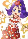  1girl :d acerola_(pokemon) acerola_(sygna_suit)_(pokemon) arutarika_(ri_kaoekaki) bare_shoulders blue_eyes blurry bracelet commentary_request flipped_hair flower hair_flower hair_ornament highres jewelry looking_at_viewer medium_hair navel necklace official_alternate_costume open_mouth pokemon pokemon_(game) pokemon_masters_ex purple_hair red_flower red_skirt shirt skirt smile solo strapless strapless_shirt topknot white_shirt 