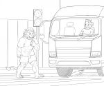  anthro bottomwear bulge canid canine canis car_accident clothing crosswalk death dipingxiangtr.d distracted duo felid fence hat headgear headwear hi_res imminent lion male mammal pantherine scared shirt shorts topwear traffic_light truck windshield windshield_wiper wolf 