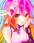  1girl :p absurdres animal_ears bird_ears breast_hold breasts commentary_request compass_rose_halo crop_top gloves gradient_eyes gradient_hair hair_between_eyes halo highres jibril_(no_game_no_life) large_breasts long_hair looking_at_viewer magic_circle multicolored_eyes multicolored_hair naughty_face no_game_no_life non_izuna orange_eyes pink_hair smile solo tongue tongue_out wing_ears yellow_eyes 