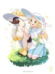  1girl :d blonde_hair blue_footwear blush bow braid clothed_pokemon commentary_request eyelashes falling_leaves furfrou furfrou_(debutante) grass green_bow green_eyes hand_on_headwear hat highres kinocopro kneeling leaf lillie_(pokemon) long_hair open_mouth pokemon pokemon_(creature) pokemon_(game) pokemon_sm shoes short_sleeves smile sun_hat twitter_username watermark white_background white_headwear 