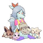  1:1 amber_(snoot_game) ambiguous_gender anthro canid clothed clothing colored crossover eevee feathered_wings feathers female feral generation_1_pokemon generation_2_pokemon generation_7_pokemon group igglybuff mammal mimikyu minabaudelair nintendo pokemon pokemon_(species) pterodactylus pterosaur reptile scalie simple_background sitting snoot_game togepi wings 
