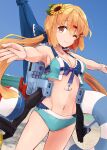  1girl alternate_costume ball beach beachball bikini blue_bikini blue_bow blue_sky bow breasts brown_eyes brown_hair cleavage cloud cowboy_shot day frilled_bikini frills highres horizon innertube kantai_collection long_hair low_twintails machinery medium_breasts minosu ocean outdoors outstretched_arms sky solo swimsuit tashkent_(kancolle) twintails umbrella 