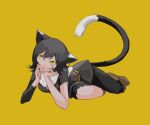  1girl absurdres animal_ears belt black_fur black_hair body_fur boots breasts brown_footwear cat_ears cat_girl cat_tail closed_mouth dungeon_meshi fingernails flexible frown grey_nails hands_on_own_cheeks hands_on_own_face head_rest highres izutsumi looking_up lying n0_reii on_side scarf sharp_fingernails short_hair simple_background sleeveless small_breasts solo tail tail_raised thinking white_scarf yellow_background yellow_eyes 