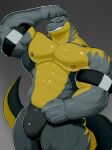  anthro big_muscles big_pecs bulge clothed clothing dinosaur front_view grey_body grey_scales grin hi_res huge_muscles jockstrap jockstrap_only male muscular muscular_anthro muscular_male muscular_thighs mymu666 pecs red_eyes reptile scales scalie sharp_teeth smile solo teeth theropod thick_thighs topless tyrannosaurid tyrannosaurus tyrannosaurus_rex underwear underwear_only yellow_body yellow_scales 