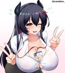  1girl black_hair black_horns black_skirt breasts bursting_breasts cleavage clover_hair_ornament collarbone collared_shirt comdost_(vtuber) covered_nipples cumdare double_v flying_sweatdrops four-leaf_clover_hair_ornament hair_ornament horns huge_breasts id_card indie_virtual_youtuber lanyard long_hair one_eye_closed open_mouth red_eyes shirt skirt solo twitter_username v virtual_youtuber white_shirt 