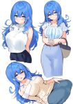  1girl bag bare_shoulders blue_eyes blue_hair blue_shirt blue_skirt blush breasts closed_mouth collarbone commentary cu-no drill_hair drill_sidelocks frilled_shirt frilled_sleeves frills hair_between_eyes handbag hands_on_own_stomach head_tilt highres hisen_kaede jewelry kohitsuji_ai large_breasts long_hair long_skirt necklace off-shoulder_shirt off_shoulder open_mouth purple_skirt shirt shirt_tucked_in short_sleeves sidelocks sideways single_drill sitting skirt sleeveless sleeveless_shirt smile striped striped_shirt vertical-striped_shirt vertical_stripes wavy_hair white_shirt 