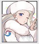  1girl breasts earrings fur_collar fur_hat hat hsin jewelry long_hair long_sleeves mature_female melony_(pokemon) multicolored_hair one_eye_closed pearl_earrings pokemon pokemon_(game) pokemon_swsh ring scarf solo streaked_hair sweater ushanka wedding_ring white_scarf white_sweater 