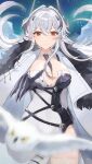  1girl absurdres asymmetrical_dress azur_lane bird black_hair breasts cleavage cleavage_cutout closed_mouth clothing_cutout coat covered_navel fur-trimmed_coat fur_trim hair_between_eyes hair_intakes highres horns iceberg kursk_(azur_lane) large_breasts long_hair looking_at_viewer multicolored_hair necktie night night_sky northern_parliament_(emblem) outdoors owl red_eyes rin_(yukameiko) sky streaked_hair two-tone_dress white_hair 