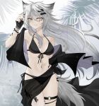  1girl animal_ears arknights bikini black_bikini black_gloves black_necktie breasts fingerless_gloves gloves grey_eyes grey_hair hair_between_eyes hair_ornament hairclip highres itonatsu_pino lappland_(arknights) long_hair looking_at_viewer medium_breasts navel necktie o-ring o-ring_top oripathy_lesion_(arknights) scar scar_across_eye side-tie_bikini_bottom smile solo standing stomach swimsuit tail thigh_strap wolf_ears wolf_girl wolf_tail 