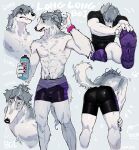  abs annoyed anthro arm_tuft athletic athletic_male black_nose bodily_fluids borzoi bottle bottled_water bottomwear bulge butt canid canine canis chest_tuft clothing container cross-popping_vein domestic_dog elbow_tuft exercise facial_tuft fangs floppy_ears footwear fur grey_hair hair hair_over_eye hi_res humanoid_hands hunting_dog inner_ear_fluff leg_scar licking licking_lips long_snout looking_at_viewer male mammal muscular muscular_anthro muscular_male nails neck_tuft nipples nomifuki one_ear one_eye_obstructed rear_view scar shirt shoes shorts sighthound sneakers snout solo stretching sweat tail tail_tuft teeth tied_hair tongue tongue_out topwear tuft white_body white_fur 