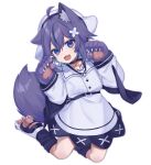  1girl :d absurdres animal_ear_fluff animal_ears animal_hands asano_yoru asano_yoru_(artist) black_choker blue_eyes blue_hair choker dress fox_ears fox_girl fox_tail full_body gloves hat hexagram highres indie_virtual_youtuber kneeling long_sleeves looking_at_viewer multicolored_hair open_mouth paw_gloves paw_shoes purple_eyes purple_hair short_hair smile streaked_hair tail two-tone_hair virtual_youtuber white_dress 