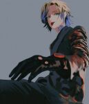  1boy alternate_costume asave black_gloves blonde_hair blue_eyes blue_hair blue_lock commentary english_commentary gloves gradient_hair highres long_sleeves male_focus michael_kaiser multicolored_hair neck_tattoo sideways_glance simple_background solo tattoo teeth watch wristwatch 
