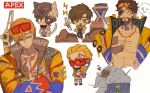  2boys absurdres alternate_hairstyle animal_ears apex_legends bare_pectorals black_pants cat_ears cat_tail chain chibi chinese_commentary clipboard closed_eyes crossed_arms crypto_(apex_legends) dreadlocks eyepatch frown goggles goggles_on_head gold_chain grey_jacket highres holding holding_clipboard hype_beast_crypto jacket lit_witt_mirage male_focus mirage_(apex_legends) multiple_boys non-humanoid_robot official_alternate_costume one_eye_covered open_clothes open_jacket pants pectorals robot scar scar_across_eye short_hair sitting sketch smile smoke sunglasses t.t.t tail v-shaped_eyebrows whitelisted_crypto yellow_jacket 