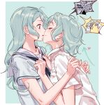  2girls absurdres accident aqua_background aqua_hair arrow_(symbol) bang_dream! blouse blue_neckerchief border closed_eyes closed_mouth collared_shirt commentary green_eyes hands_on_another&#039;s_chest heart highres hikawa_hina hikawa_sayo incest inset kiss long_hair looking_at_another multiple_girls neckerchief parted_lips sailor_collar school_uniform serafuku shirt short_hair short_sleeves siblings simple_background sisters smile surprise_kiss surprised twincest twins upper_body white_border white_shirt x-ray yuri zihacheol 