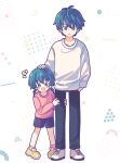  1boy 1girl :d absurdres antenna_hair black_pants black_shorts blue_eyes blue_hair blush_stickers closed_mouth father_and_daughter female_child hair_between_eyes hand_on_another&#039;s_head highres idoly_pride kabotd long_sleeves looking_at_viewer low_twintails notice_lines okuyama_sumire open_mouth pants pink_shirt raised_eyebrows shirt shoes short_hair shorts sidelocks simple_background smile sneakers straight-on teeth twintails upper_teeth_only white_background white_footwear white_shirt yellow_footwear 