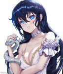  1girl arm_under_breasts black_hair blue_eyes blue_nails breasts cleavage collarbone dress flower hair_between_eyes highres long_hair neck_flower neck_ribbon original parted_lips ribbon rose ruby_suguri signature snake solo sparkling_eyes upper_body white_dress white_flower white_ribbon white_rose 