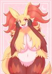  absurd_res anthro big_breasts breasts canid canine delphox female fur generation_6_pokemon hand_on_face hi_res huge_breasts inner_ear_fluff mammal multicolored_body multicolored_fur nintendo pokemon pokemon_(species) red_body red_fur simple_background snackbunnii solo standing thick_thighs tuft white_body white_fur wide_hips yellow_body yellow_fur 