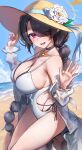  1girl :d absurdres beach black_hair blue_archive blue_sky breasts cloud day flower halo hands_up hat hat_flower highres hinata_(blue_archive) hinata_(swimsuit)_(blue_archive) large_breasts monegi ocean one-piece_swimsuit outdoors red_eyes see-through see-through_shirt sitting sky smile solo strap_gap sun_hat swimsuit thighs white_flower white_one-piece_swimsuit 