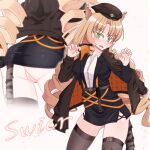  1girl animal_ears arknights black_headwear black_skirt blonde_hair blush breasts curly_hair fang fseit4 green_eyes highres medium_breasts pussy skin_fang skirt solo swire_(arknights) tail thighhighs tiger_ears tiger_girl tiger_tail 