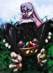  2023 4_fingers 4_toes absurd_res anthro aokizu barefoot basket bedroom_eyes black_clothing black_legwear black_leotard breasts choker cleavage clothed clothing container digit_ring digital_drawing_(artwork) digital_media_(artwork) disney easter easter_basket easter_egg eyelashes feet female fingers fur grass grey_body grey_fur hands_on_legs head_tuft hi_res holidays jewelry judy_hopps lagomorph latex_clothing legwear leotard leporid looking_at_viewer mammal medium_breasts narrowed_eyes necklace outside pawpads pink_pawpads plant rabbit ring ring_(jewelry) seductive sitting solo spread_legs spreading toe_ring toeless_legwear toeless_stockings toes tongue tongue_out tow_claws tuft zootopia 
