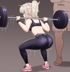  1boy 1girl alternate_hairstyle ass back barbell black_pants black_sports_bra clothes_writing coach domiansfw english_text exercise fate/kaleid_liner_prisma_illya fate_(series) highres illyasviel_von_einzbern pants pink_footwear ponytail shoes sidelocks sneakers sports_bra trembling weightlifting white_hair wristband yoga_pants 