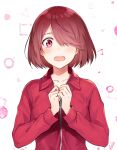  1girl blush clenched_hands collarbone e_(eokiba) hair_over_one_eye hands_on_own_chest highres hoshino_miyako_(wataten) jacket open_mouth own_hands_together red_eyes red_hair red_jacket short_hair solo track_jacket upper_body watashi_ni_tenshi_ga_maiorita! 