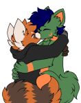  2021 ailurid alyx_(not_odessa) anthro black_clothing black_hoodie black_topwear blue_hair canid canine canis clothing cybernetic_limb duo embrace eyebrows fur gay_couple green_body green_fur hair happy hoodie hug inner_ear_fluff kissing male male/male mammal orange_body orange_fur pegacousin red_panda tails_touching topwear tuft wholesome wisper_(runepower) wolf 