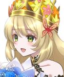  bare_shoulders blonde_hair blue_flower blue_rose bouquet butterfly_hair_ornament celine_(fire_emblem) choker crown facing_to_the_side fire_emblem fire_emblem_engage flower green_eyes hair_ornament holding holding_bouquet kakiko210 open_mouth rose solo 