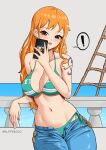  ! 1girl against_railing bikini blue_pants blush breasts brown_eyes cellphone collarbone denim earrings elpipe_3000 green_bikini highres holding holding_phone jeans jewelry large_breasts long_hair looking_at_viewer nami_(one_piece) navel one_piece open_fly open_mouth orange_hair pants phone railing selfie shoulder_tattoo smartphone solo spoken_exclamation_mark stomach stud_earrings swimsuit tattoo wavy_hair 