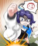  1girl angry arona&#039;s_sensei_doodle_(blue_archive) blazer blue_archive c/h cameo collared_shirt english_commentary furious halo highres hooded_coat jacket kneehighs knocking korean_commentary long_hair long_sleeves mixed-language_commentary motion_blur necktie parted_bangs pleated_skirt purple_eyes purple_hair school_uniform sensei_(blue_archive) shirt sidelocks skirt socks solo spoken_character two_side_up yuuka_(blue_archive) 