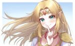  1girl absurdres blonde_hair blush circlet closed_mouth earrings finger_to_mouth green_eyes highres jewelry long_hair looking_at_viewer necklace pointy_ears portrait princess_zelda smile solo super_smash_bros. taro_(peach_taro51) the_legend_of_zelda the_legend_of_zelda:_a_link_between_worlds the_legend_of_zelda:_a_link_to_the_past 
