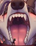  2023 ambiguous_gender anthro blush canid canid_demon demon digital_media_(artwork) duo eyebrows fangs hair hellhound helluva_boss hi_res imminent_vore loona_(helluva_boss) mammal micro mouth_shot nommz nude open_mouth red_sclera scalie teeth tongue 