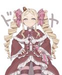  1girl beatrice_(re:zero) blue_eyes bow capelet drill_hair frilled_bow frills hands_on_own_hips highres pantyhose pink_bow pink_pupils pom_pom_(clothes) re:zero_kara_hajimeru_isekai_seikatsu red_capelet simple_background smile solo striped striped_pantyhose symbol-shaped_pupils tanone2525 twin_drills white_background wide_sleeves 