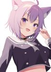  1girl ahoge animal_ears black_collar cat_ears collar highres hololive kamachi_(kamati0maru) long_sleeves nekomata_okayu open_mouth purple_eyes purple_hair short_hair simple_background 