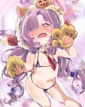  1girl animal_costume animal_ears animal_hands bikini blush embarrassed fang gloves granblue_fantasy hair_over_one_eye harvin highres lion_costume lion_ears long_hair looking_at_viewer low_twintails micro_bikini niyon_(granblue_fantasy) niyon_(lejonskrik)_(granblue_fantasy) open_mouth paw_gloves purple_hair red_eyes ribbon shi_ecchi striped striped_ribbon swimsuit twintails 