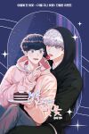  2boys bam_u black_hoodie blue_background blue_eyes blue_hair cake cherry_blossoms_after_winter_(manhwa) chocolate_cake dark_blue_hair dilated_pupils feeding food fork fruit highres holding holding_fork holding_plate hood hood_up hoodie jo_taesung looking_at_object male_focus multiple_boys pink_hoodie plate second-party_source seo_haebom sitting sitting_on_lap sitting_on_person sparkle strawberry white_hair yaoi yellow_eyes 