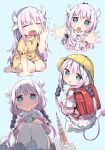  1girl :o :| =_= backpack bag beads blue_eyes blunt_bangs cloneko_(zelmeledf2) closed_mouth dragon_girl dragon_horns from_above from_below from_side giant giantess hair_beads hair_ornament hands_on_own_knees hat highres horns jitome kanna_kamui kobayashi-san_chi_no_maidragon long_hair low_twintails outstretched_arms pajamas pink_hair purple_hair randoseru school_hat sleepy spread_fingers squatting thighhighs tokyo_tower twintails white_thighhighs yawning yellow_pajamas 