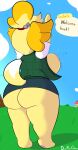  animal_crossing anthro big_breasts breasts butt canid canine canis clothed clothing davidsanchan domestic_dog featureless_hands female hi_res huge_breasts isabelle_(animal_crossing) mammal nintendo no_underwear rear_view solo tail tail_motion tailwag topless topwear upskirt vest wardrobe_malfunction 