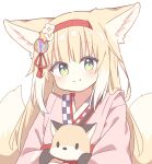 1girl animal animal_ears arknights blonde_hair blush closed_mouth dot_nose flower fox fox_ears fox_girl fox_tail green_eyes hair_flower hair_ornament hairband highres holding holding_animal japanese_clothes kimono kitsune kyuubi long_hair long_sleeves looking_at_viewer multicolored_hair multiple_tails official_alternate_costume pink_kimono red_hairband ryoku_sui simple_background smile solo split_mouth suzuran_(arknights) suzuran_(yukibare)_(arknights) tail two-tone_hair upper_body white_background white_hair 