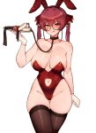  1girl ball_gag bespectacled black_collar breasts clothing_cutout collar fur_cuffs gag glasses groin heterochromia highleg highleg_leotard highres holding holding_tray hololive houshou_marine large_breasts leash leotard navel navel_cutout playboy_bunny red_eyes red_hair red_leotard sex_toy simple_background solo thighhighs tray twintails varniskarnis virtual_youtuber white_background yellow_eyes 